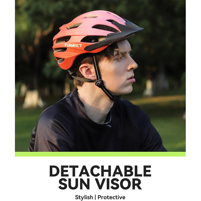 Велосипедний шолом FUNWICT для чоловіків і жінок, регульований, MTB та шосейний, знімний козирок, стильний, 57-61 см, чорний матовий, помаранчевий, рожевий