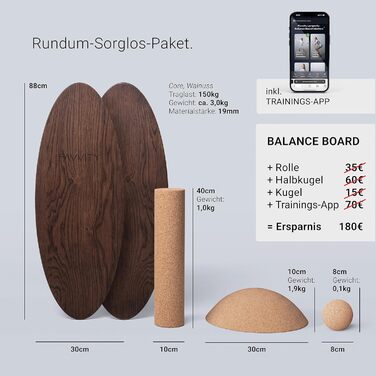 Балансборд з дуба FAVVITY® Core Walnuss: тренажер для рівноваги з додатком | Зроблено в Німеччині, сертифікат FSC