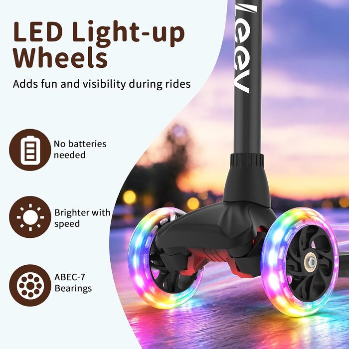 Дитячий самокат BELEEV з LED-підсвіткою коліс для дітей від 2 до 6 років, 3-колісний, регульована висота, до 50 кг, чорний