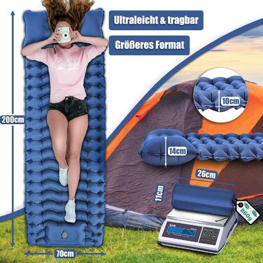 Надувна туристична матрац Holwim Isomatte з самонадуваванням, з подушкою та насосом, блакитна