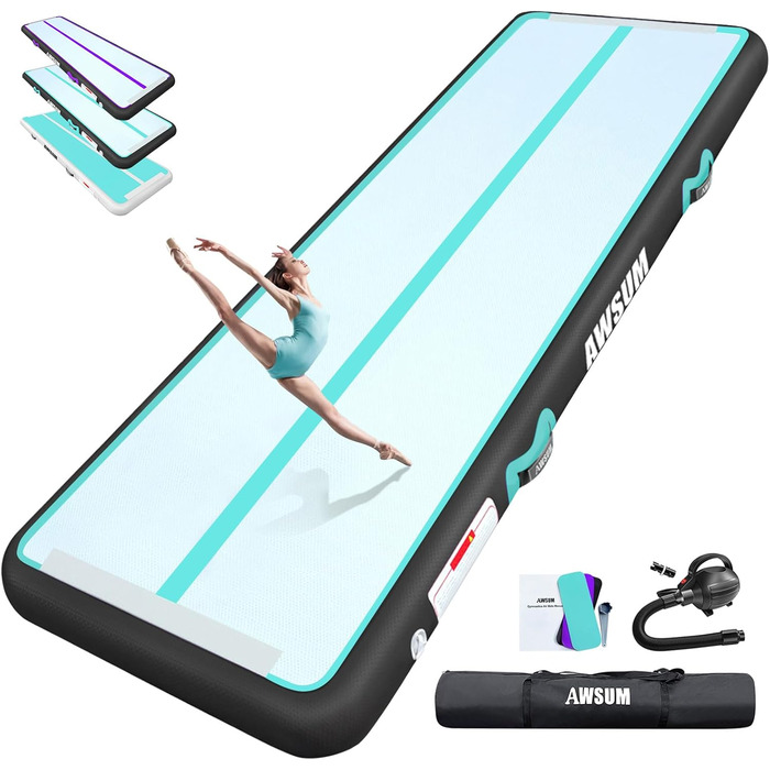 AWSUM Килимок для гімнастики надувний, 2/3/4/5/6м, для йоги, фітнесу, розтяжки, 10/20см товщина, 500x100x20см, м'ятно-зелений + чорний