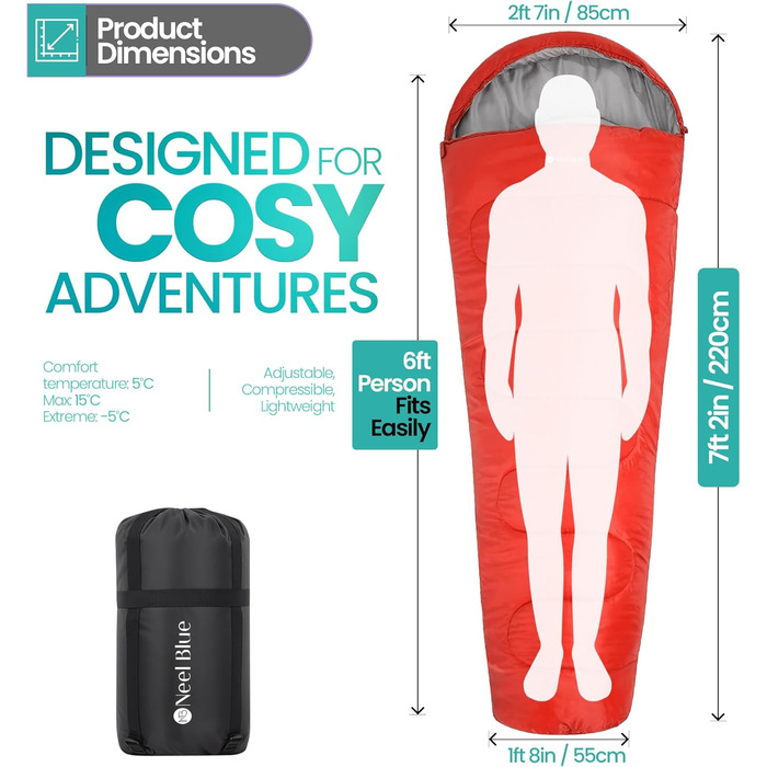 Спальний мішок Mumienschlafsack для дорослих - легкий, компактний, водонепроникний з капюшоном, 220x85 см, для кемпінгу, походів, подорожей (червоний)