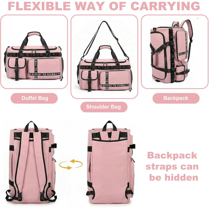 Спортивна сумка для подорожей 65Л з відділенням для взуття та мокрих речей, містка сумка для залу, плавання та коротких поїздок (Рожева)