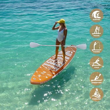 Надувна SUP-дошка FunWater Retro Tiki 11'6''x33'' з подвійною помпою, веслом, сидінням, ременем для перенесення, коричнево-біла, 3 роки гарантії, екстра довга та широка