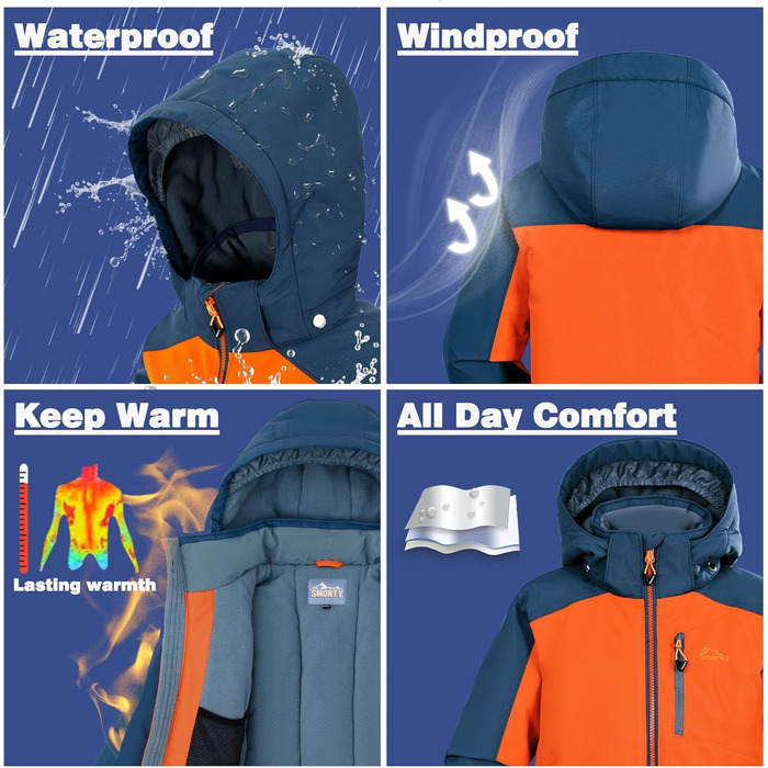 SNOWER Дитячий зимовий комбінезон для хлопчика з капюшоном, теплий гірськолижний костюм, кольоровий зелений (6-7 років, помаранчевий)