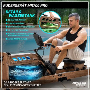 Гребний тренажер Miweba Sports MR700 Pro для дому, водний, складаний, з Bluetooth, LED баком, сумісний з Kinomap, дерев'яний