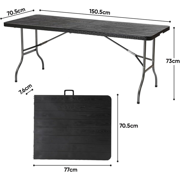 Складний стіл Sekey Buffettisch 152x70 см для кемпінгу, саду, тераси та балкона (чорний/під дерево) на 4 особи