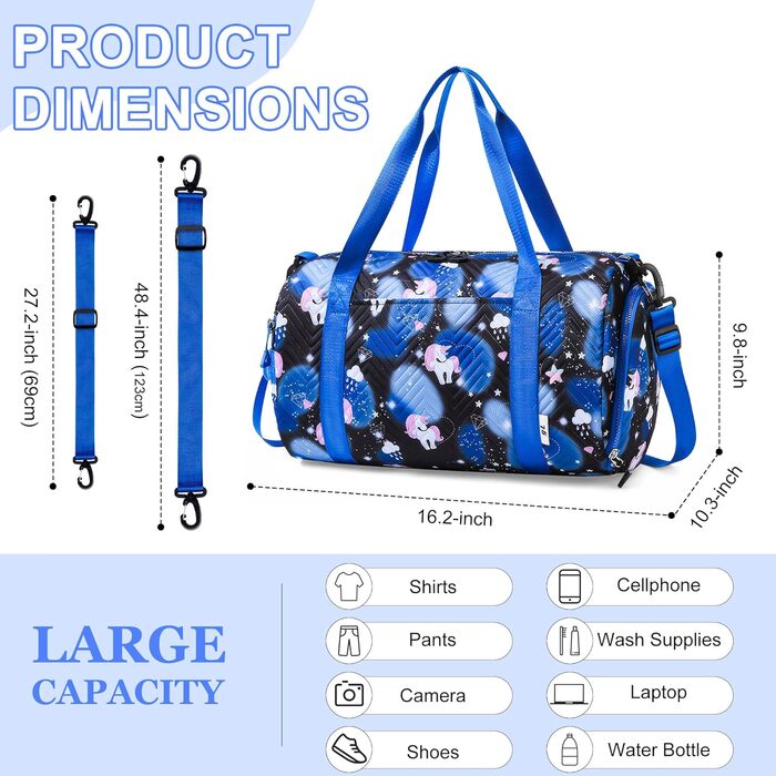 Спортивна сумка для дівчинки з єдинорогом, водонепроникна сумка для плавання з відділенням для взуття та мокрих речей, маленька сумочка для дівчат, спортивна сумка для подорожей, фітнесу, школи, плавання, (чорна)