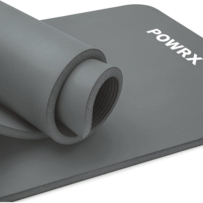 Гімнастичний килимок POWRX для йоги, 190x80x1,5 см, сірий, нековзний, без фталатів, з ременем, сумкою і безкоштовним постером, для фітнесу та спорту, гіпоалергенний