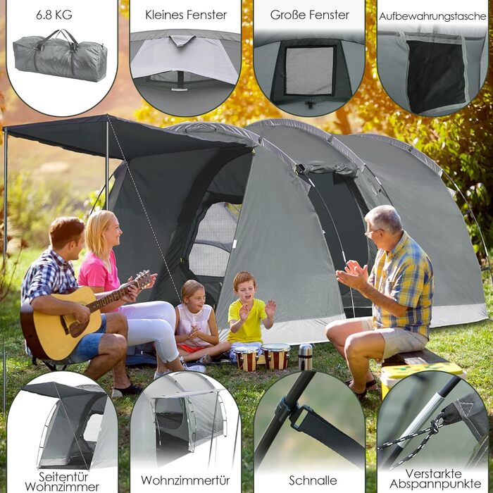 Намет для кемпінгу на 4 особи: водонепроникний тунельний намет для сім'ї та групи, з шатром для сну, сірий