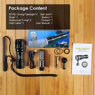 Willcrew DX70: Потужний водонепроникний дайверський ліхтар з регулюванням яскравості та UV/Red світлом, 3000 люменів, 100 метрів, для дайвінгу та фото/відео зйомки під водою