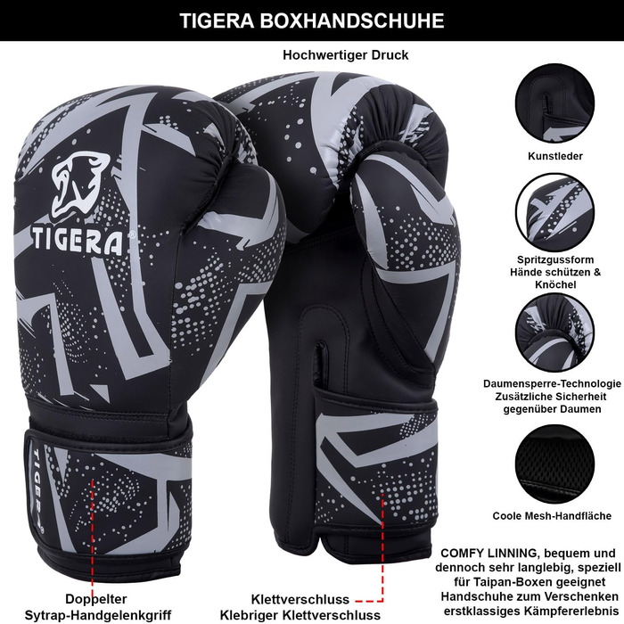 Боксерські рукавички Tigera 10oz/12oz/14oz/16oz для тренувань, спарингу, ММА, Муай Тай, кікбоксингу, чоловічі та жіночі, сірі, 14oz