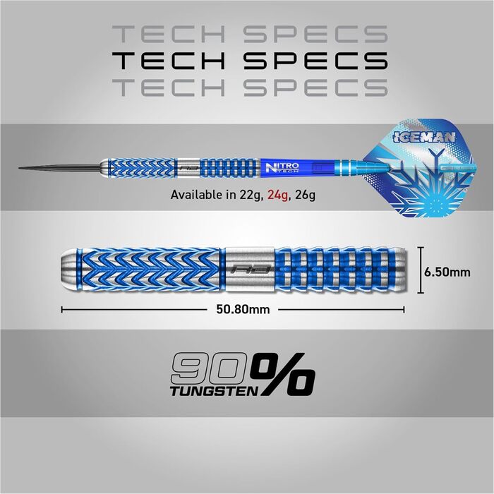 Професійні дартси Red Dragon Gerwyn Price Iceman Glacier 90% вольфрам, набір з крилами та стрижнями, 18/22/24/26 г