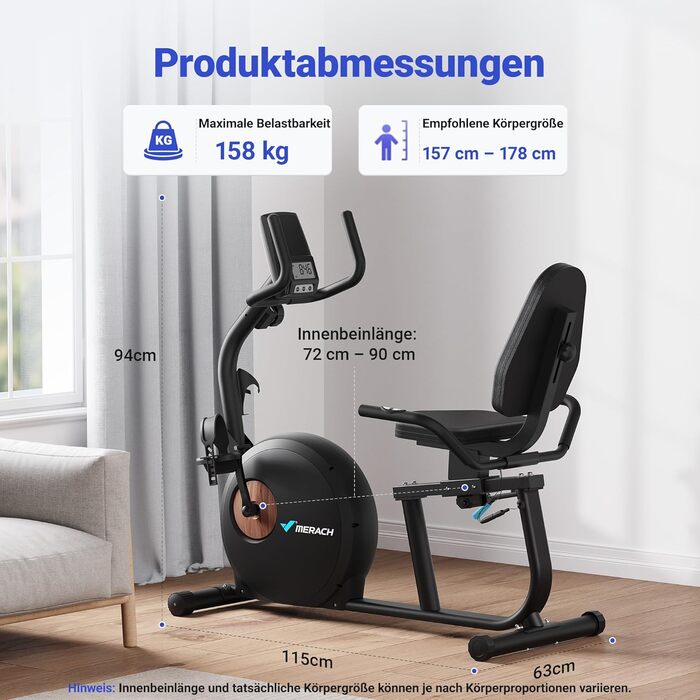 Велотренажер MERACH Liegeergometer для дому з 8 рівнями регулювання опору, Bluetooth, LCD-дисплеєм, датчиками пульсу та регульованою спинкою, чорний
