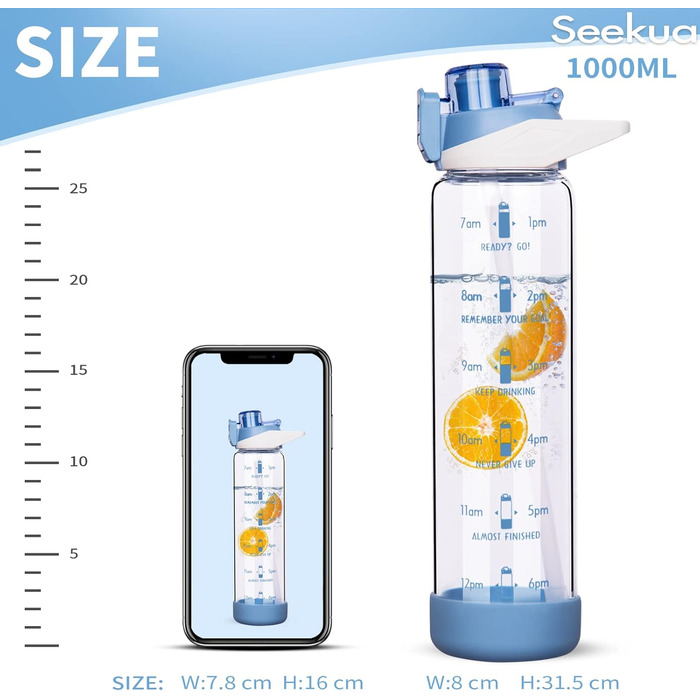 Скляна спортивна пляшка Seekua 1 л з трубочкою і часовою розміткою, BPA Free, герметична, з чохлом, для води, смузі, фруктів, газованих напоїв