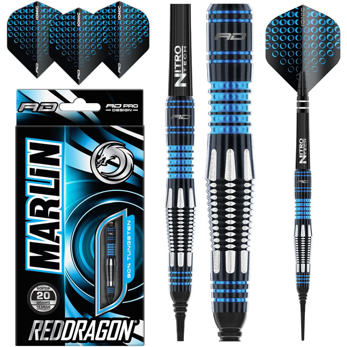 Професійні дартси Red Dragon Marlin Softip 20 г з вольфраму з оперенням та стрижнями