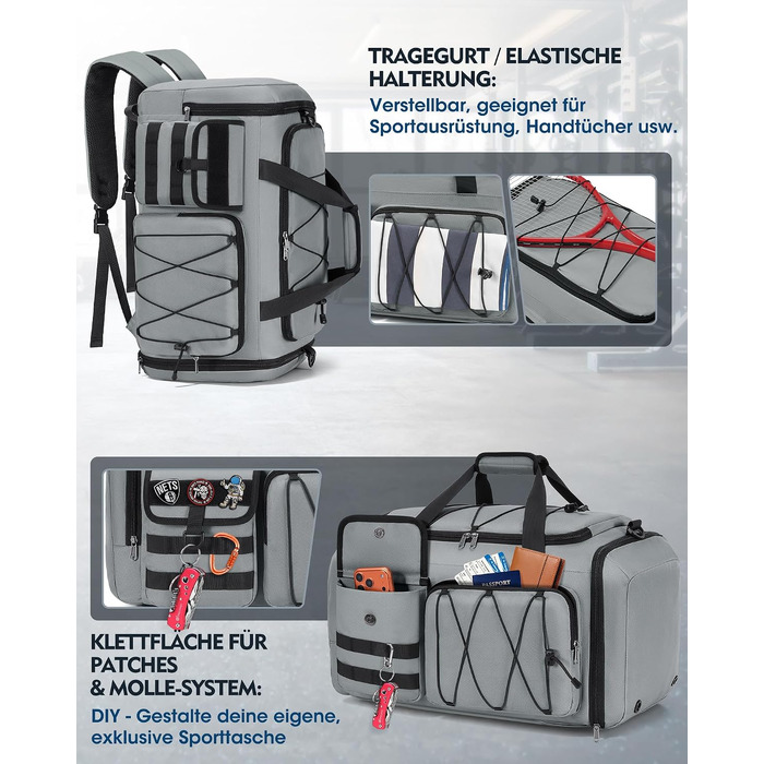 Спортивна сумка RAINSMORE 45L 3-в-1 для фітнесу та подорожей, водонепроникна дорожня сумка з відділенням для взуття та мокрих речей (Сіра)