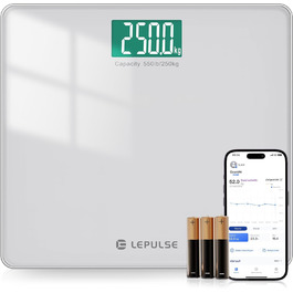 Розумна вага Lepulse S5 до 250 кг, вимірювання ваги і ІМТ, синхронізація з додатком через Bluetooth, широка платформа, срібляста