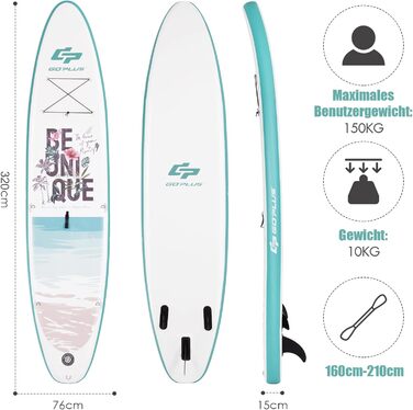 Надувна SUP-дошка COSTWAY 320×76×15 см, комплект: рюкзак, насос, весло, страховка, банджі, ремкомплект, до 150 кг, бірюзова, без сидіння