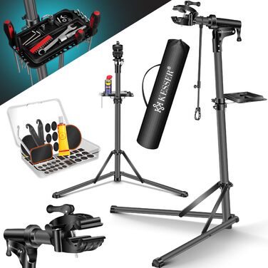 Підставка для велосипедів KESSER® Profi Alu: для ремонту та збирання гірських, електровелосипедів. 360° обертання, сумка, ремкомплект, магнітний органайзер для інструментів (антрацит)