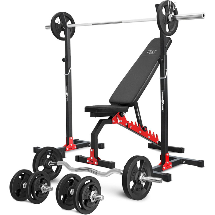 Комплект Marbo Sport MH7 – регульована лавка, стійки для штанги, штанга, гантелі, SZ-гриф, гриф для штанги, набір гумових дисків 83/113 кг