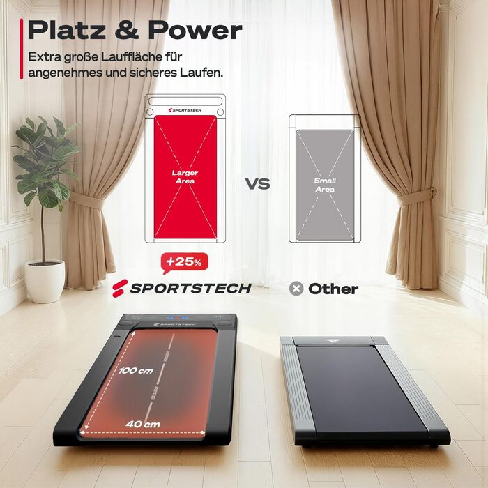 Біговий доріжки Sportstech sWalk для дому, Walking Pad, 1-8 км/год, під стіл, нахил 11,5%, тиха, з підключенням до додатку, вантажопідйомність 120 кг, компактний, LCD дисплей, для дому, колір дерево коричневий