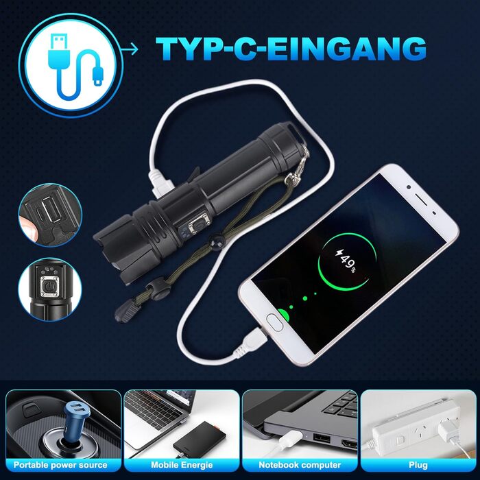 Ліхтар LED акумуляторний 500000 люмен, тактичний, потужний, IP67, водонепроникний, для кемпінгу, туризму, риболовлі, з чохлом та компасом