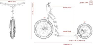 Самокат Yedoo S2016 Disc для дорослих, до 150 кг, з дисковими гальмами, надувні колеса 20/16, регульований кермо, для собак, оновлений Mezeq