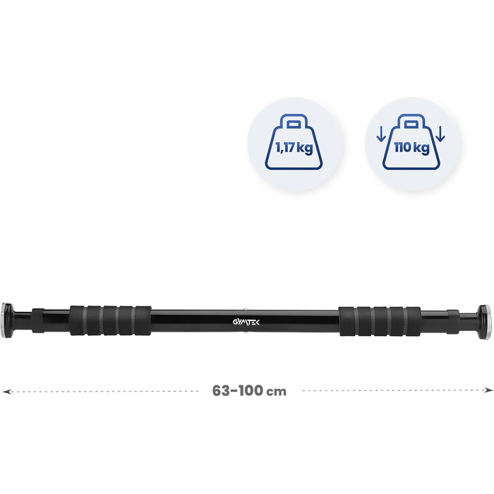 Кімнатна турнік Gymtek для дверних прорізів 63-100 см - для домашнього фітнесу та силових тренувань (чорний)