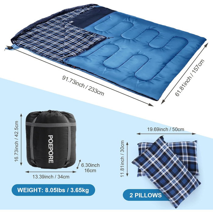 Спальний мішок для двох дорослих з флісу, зимовий, з подушками та сумкою для перенесення, 233*157 см (Блакитний)