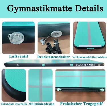 Airtrack CASSILANDO 300x100x10 см - Надувний мат для гімнастики, акробатики та йоги (М'ятний/Чорний)