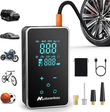 Електричний компресор Motorenbau 150 PSI для авто, мотоциклів, велосипедів, м'ячів, портативний міні насос з акумулятором, USB зарядкою, LED, 4 режими