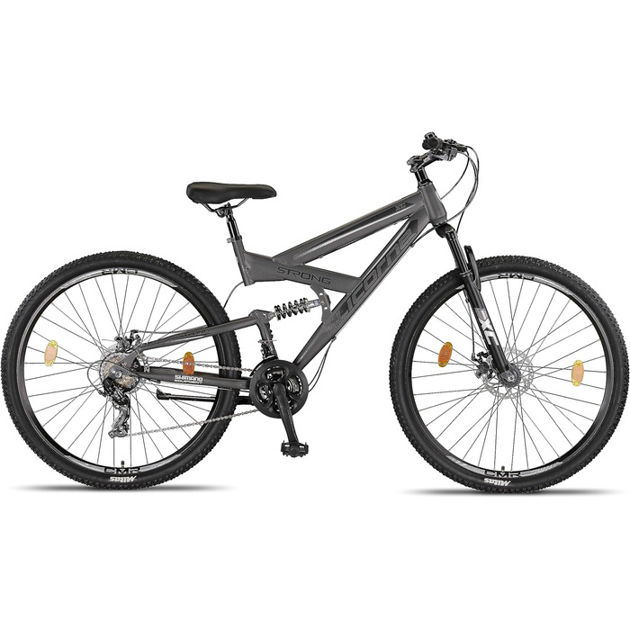 Гірський велосипед Licorne Bike Strong 2D Premium 29 дюймів, дискові гальма, 21 швидкість, повна амортизація, антрацит, для хлопців, дівчат, жінок і чоловіків