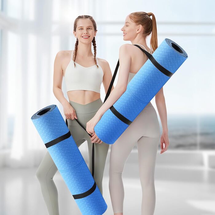 Килимок для йоги з натурального каучуку та TPE, протиковзкий, з розміткою, унікальний дизайн, з ремінєм, екологічний, для подорожей, пілатесу, йоги, фітнесу, синій, 6 мм