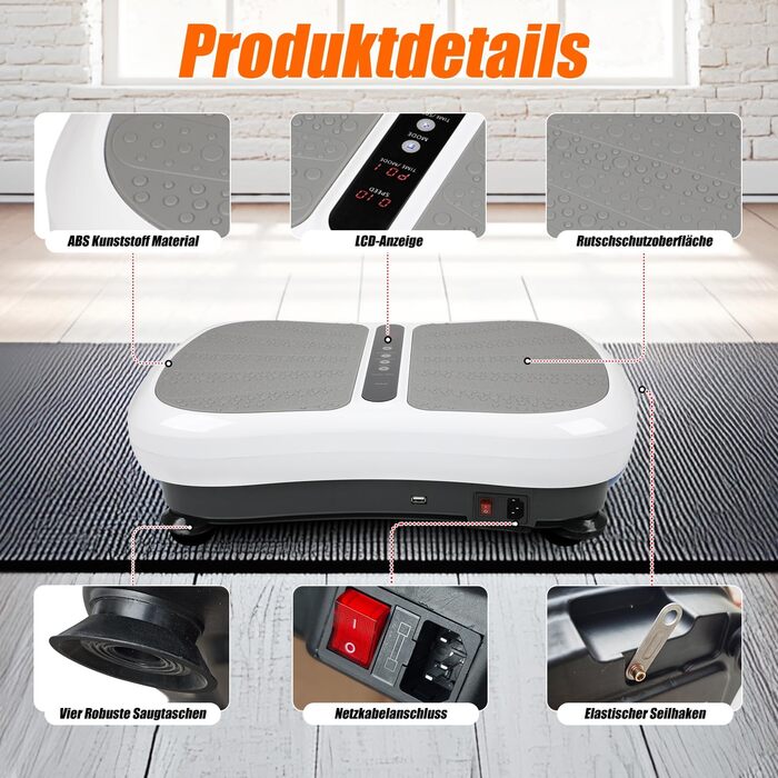 Вібраційна платформа для фітнесу: тренування вдома, 99 рівнів інтенсивності, 5 програм, Bluetooth, масаж, розвиток м'язів, EU-03W