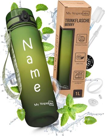 Дитяча пляшка для води Minny з іменем, 1000 мл, зелений градієнт, BPA free, з трубочкою або ситечком, для школи, садка, спорту