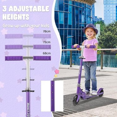 Самокат дитячий Kinder Scooter з LED-колесами, алюмінієвий, складаний, 3 регульовані висоти, до 50 кг, фіолетовий, зі стійкою та ременем безпеки