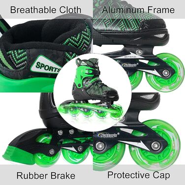 Роликові ковзани Nattork для хлопчиків з підсвічуванням, розмір 32-36, зелені