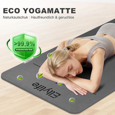 Протиковзкий килимок для йоги, пілатесу та фітнесу з еко-натурального каучуку та TPE, з лініями розмітки та ременем для перенесення, темно-сірий, 4 мм