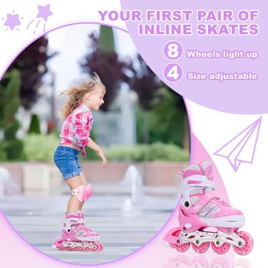 Дитячі ролики-інлайни з підсвічуванням, регульовані, для хлопчиків та дівчаток, рожево-білі, розмір L