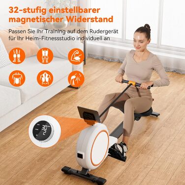 Гребний тренажер для дому з магнітним опором, 32 рівні, 136 кг, сумісність з додатком, LCD-дисплей, білий-помаранчевий
