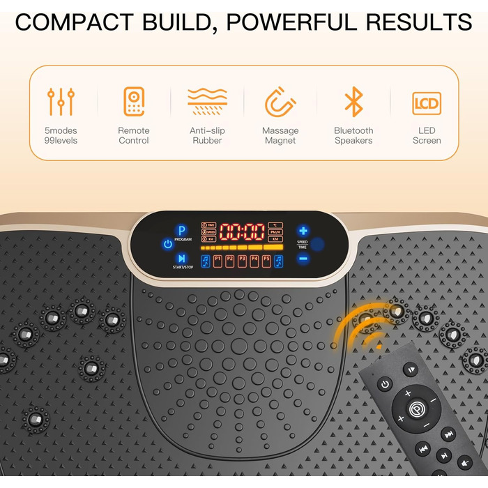 Вібраційна платформа Dripex 3D, 99 рівнів, 5 програм, Bluetooth, тренувальні стрічки, золотиста і чорна