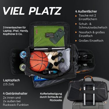 Спортивна сумка [з переробленого PET] 50L – сумка для тренувань та рюкзак 2в1 – водонепроникна спортивна сумка для чоловіків та жінок – спортивний рюкзак з відділенням для взуття, велика туристична сумка (Obsidian Ember Black)