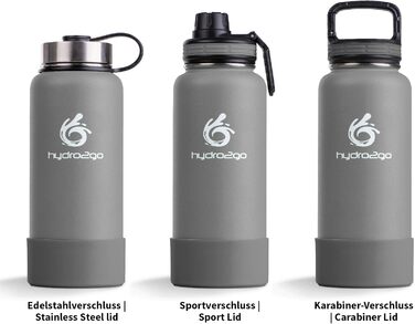 Гідрофляга hydro2go X-AlpsBottle 1 л з нержавіючої сталі – вакуумна термобутилка з 3 кришками, подвійними стінками, для спорту та туризму, Stone Grey