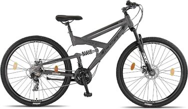 Гірський велосипед Licorne Bike Strong 2D Premium 29 дюймів, дискові гальма, 21 швидкість, повна амортизація, антрацит, для хлопців, дівчат, жінок і чоловіків
