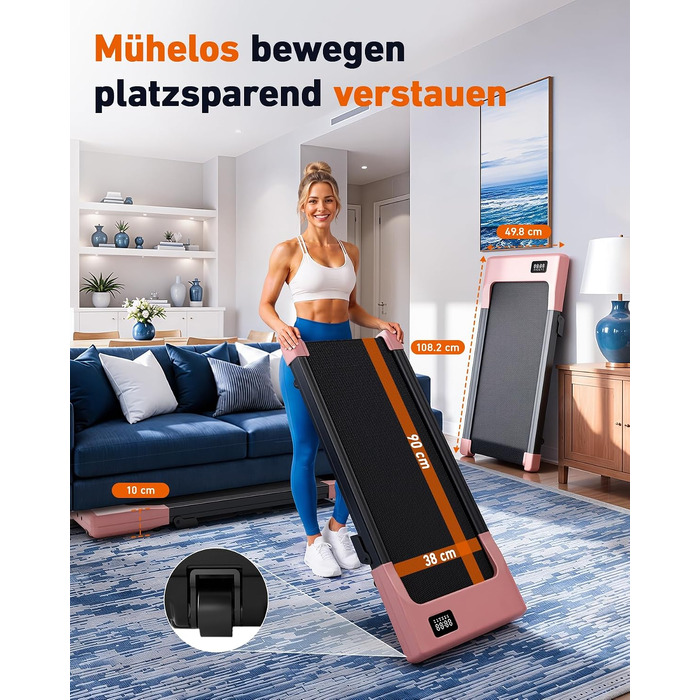 Бігова доріжка DeerRun Walking Pad з нахилом 6% для дому та офісу, компактний тренажер під стіл з LED-дисплеєм, керуванням через додаток та пультом, макс. навантаження 136 кг (Персиковий рожевий)