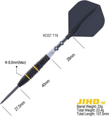Дротики CUESOUL JIHO S1-S8 21/22/23 г, 90% вольфрам, сталева вістря, набір з ROST T19 Flight