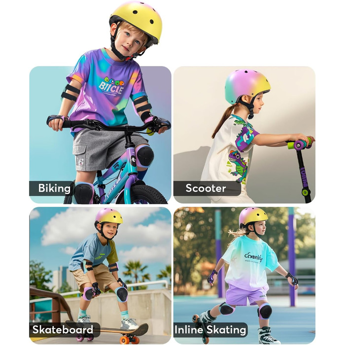 Набір Kinderhel 7-в-1: наколінники, налокітники, захист зап'ястя та шлем для скейтбордингу, велосипеда, самокату (S, жовто-рожево-зелений)