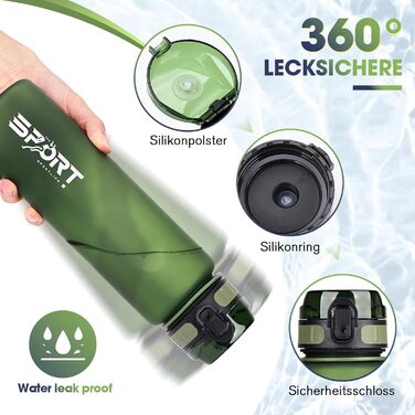 Спортивна пляшка для води 1л, витокозахисна, без BPA, з мітками об'єму, зелена