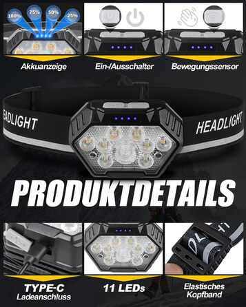 LED налобний ліхтар налобний ліхтар, перезаряжається, 9 LED, 1500mAh, кут нахилу 45°, 4 режими світла з датчиком руху, червоне світло, водонепроникний IPX4, для бігу вночі, піших прогулянок, кемпінгу, риболовлі, чорний